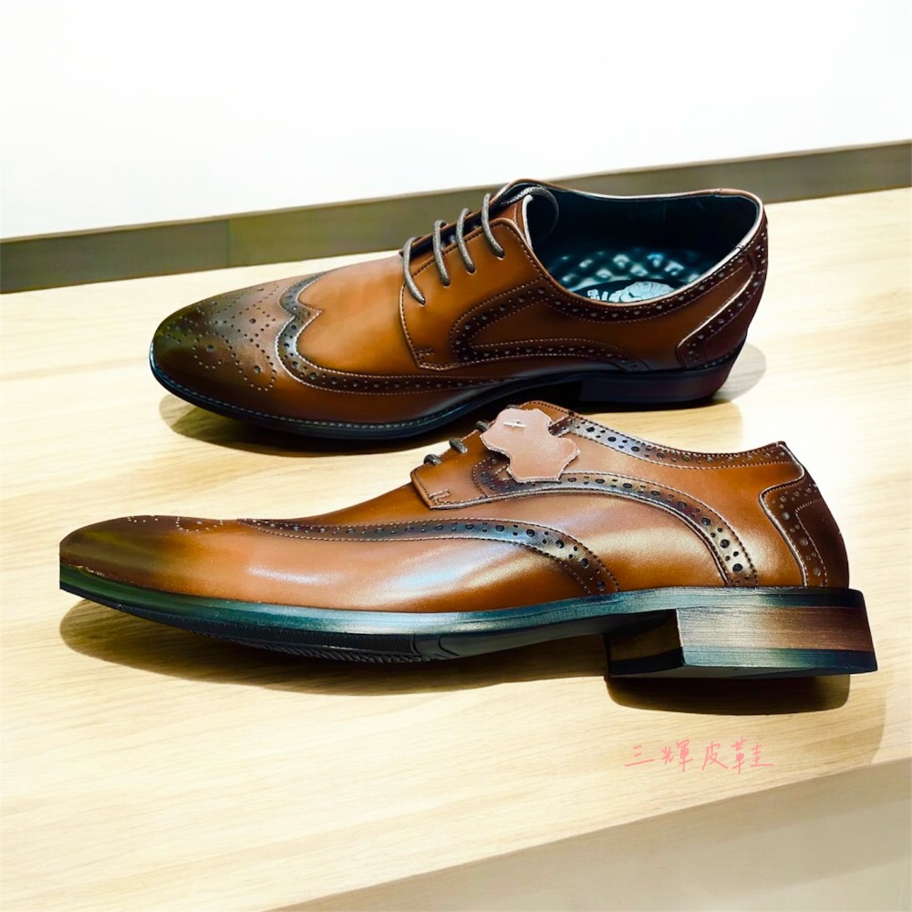 三輝皮鞋真皮防斷底氣墊男皮鞋 英倫布洛克雕花木頭根底鞋跟 渲染尖頭德比頭綁帶牛津鞋 擦色紳士鞋上班鞋正裝商務婚鞋韓國-細節圖3