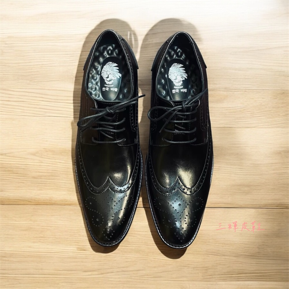 三輝皮鞋真皮防斷底氣墊男皮鞋 英倫布洛克雕花木頭根底鞋跟 渲染尖頭德比頭綁帶牛津鞋 擦色紳士鞋上班鞋正裝商務婚鞋韓國-細節圖4