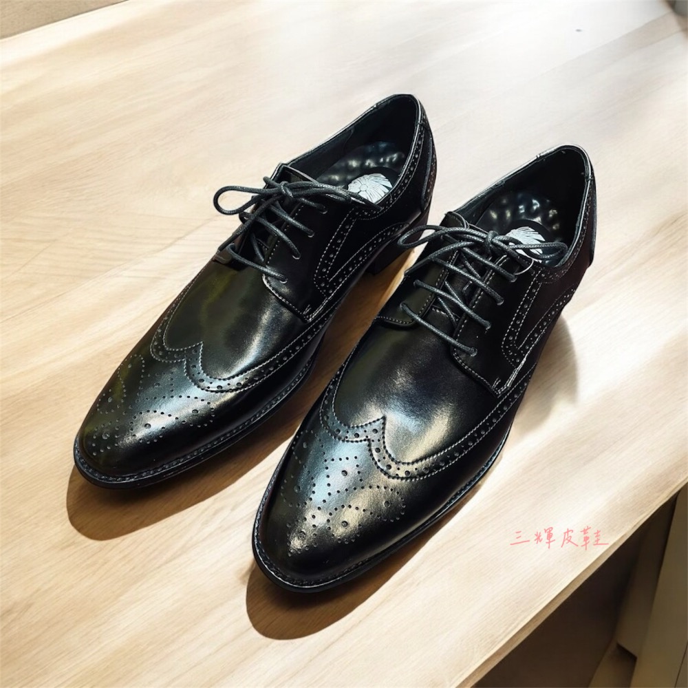 三輝皮鞋真皮防斷底氣墊男皮鞋 英倫布洛克雕花木頭根底鞋跟 渲染尖頭德比頭綁帶牛津鞋 擦色紳士鞋上班鞋正裝商務婚鞋韓國-細節圖5