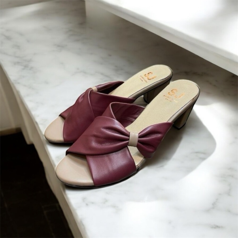 三輝皮鞋台灣製全真皮 柔軟羊皮扭結蝴蝶結尖頭粗跟高跟拖鞋 女中跟圓頭皺摺穆勒魚口涼拖鞋 MIT手工鞋 優雅氣質高跟涼鞋-細節圖2