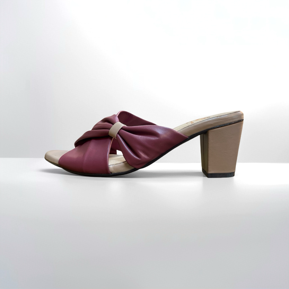 三輝皮鞋台灣製全真皮 柔軟羊皮扭結蝴蝶結尖頭粗跟高跟拖鞋 女中跟圓頭皺摺穆勒魚口涼拖鞋 MIT手工鞋 優雅氣質高跟涼鞋-細節圖6