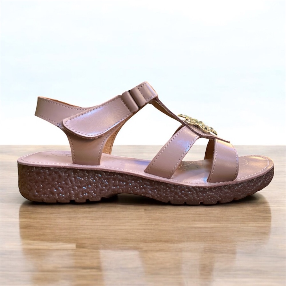 三輝皮鞋台灣製全真皮 牛皮超防滑生膠底鞋底縫線 花朵水鑽釦T字魔鬼氈平底涼鞋 MIT老師傅手工鞋底縫製寬楦鑽石女涼拖鞋-細節圖6