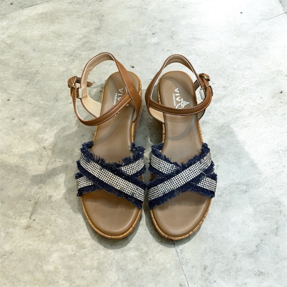 三輝皮鞋台灣製真皮超輕量燙鑽流蘇交叉軟木高台楔型跟涼鞋 水鑽牛仔藍厚底涼鞋 MIT女涼拖 高跟涼鞋 高跟拖鞋 增高鞋-細節圖2