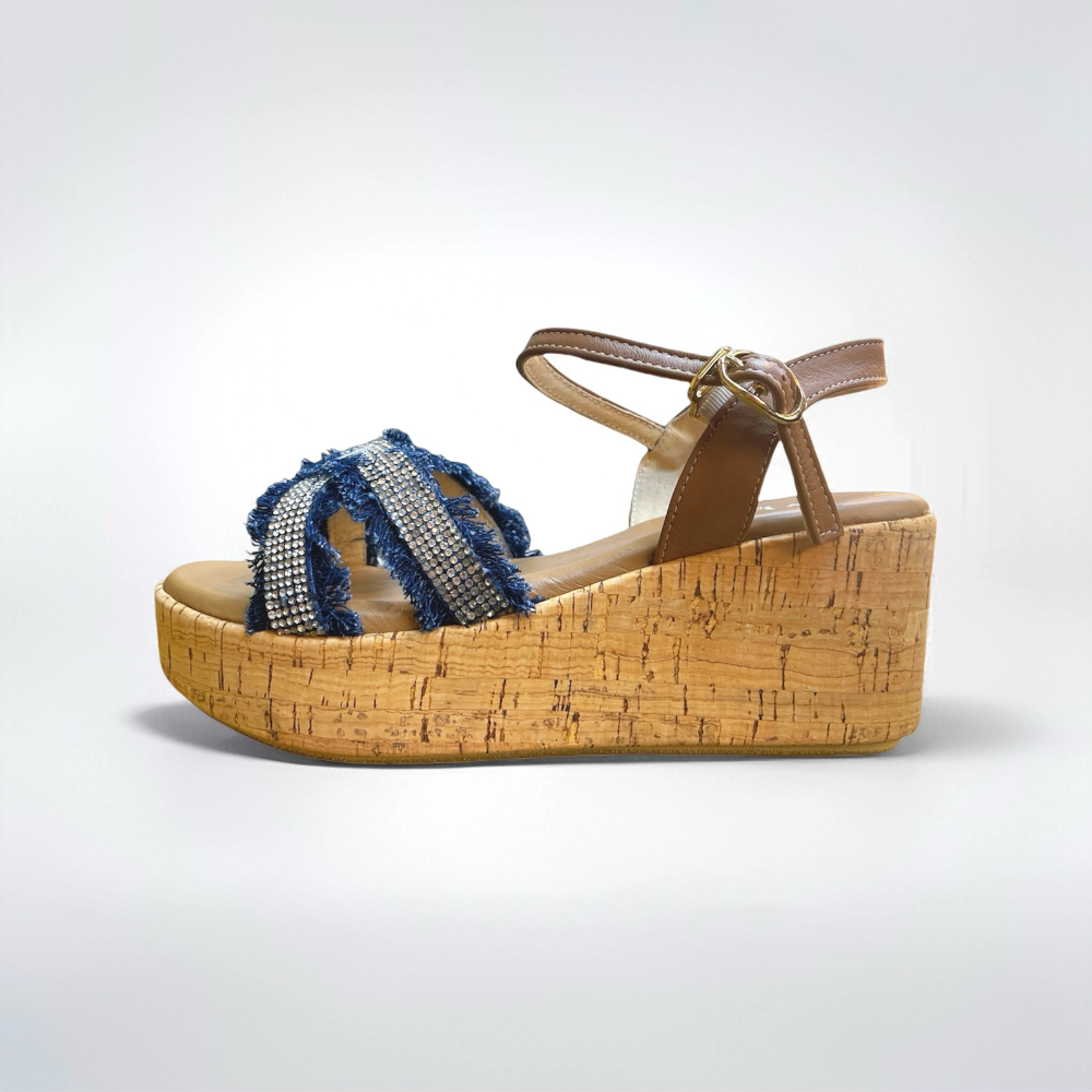 三輝皮鞋台灣製真皮超輕量燙鑽流蘇交叉軟木高台楔型跟涼鞋 水鑽牛仔藍厚底涼鞋 MIT女涼拖 高跟涼鞋 高跟拖鞋 增高鞋-細節圖3
