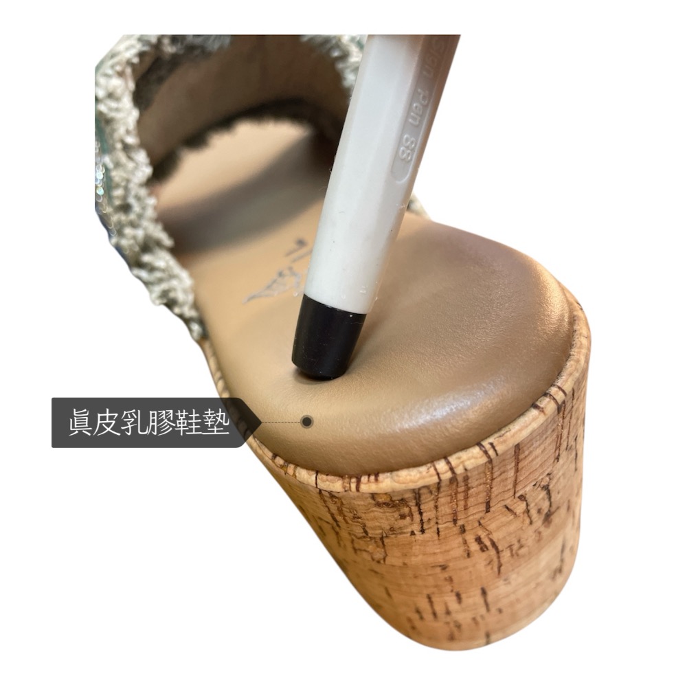 三輝皮鞋台灣製真皮超輕量燙鑽流蘇交叉軟木高台楔型跟涼鞋 水鑽牛仔藍厚底涼鞋 MIT女涼拖 高跟涼鞋 高跟拖鞋 增高鞋-細節圖4