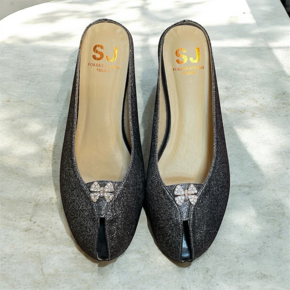 零碼22.5，23.5/三輝皮鞋台灣製全真皮 羊皮銀蔥魚口楔型拖鞋 MIT手工鞋尖頭水鑽穆勒低跟包頭半拖坡跟厚底拖鞋-細節圖2