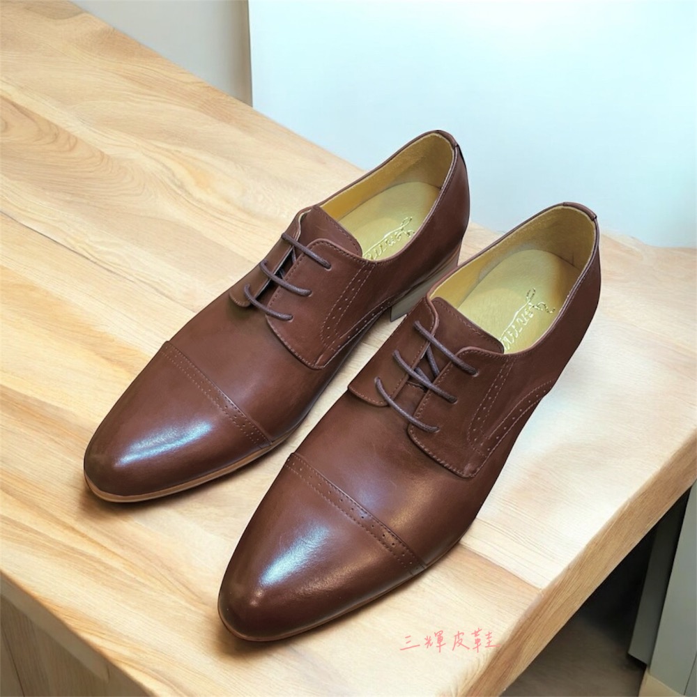 三輝皮鞋台灣製 真皮德比鞋 真皮牛津鞋 牛皮英倫一字橫紋素面尖頭布洛克雕花三接頭綁帶男皮鞋 MIT手工鞋紳士商務上班婚鞋-細節圖5