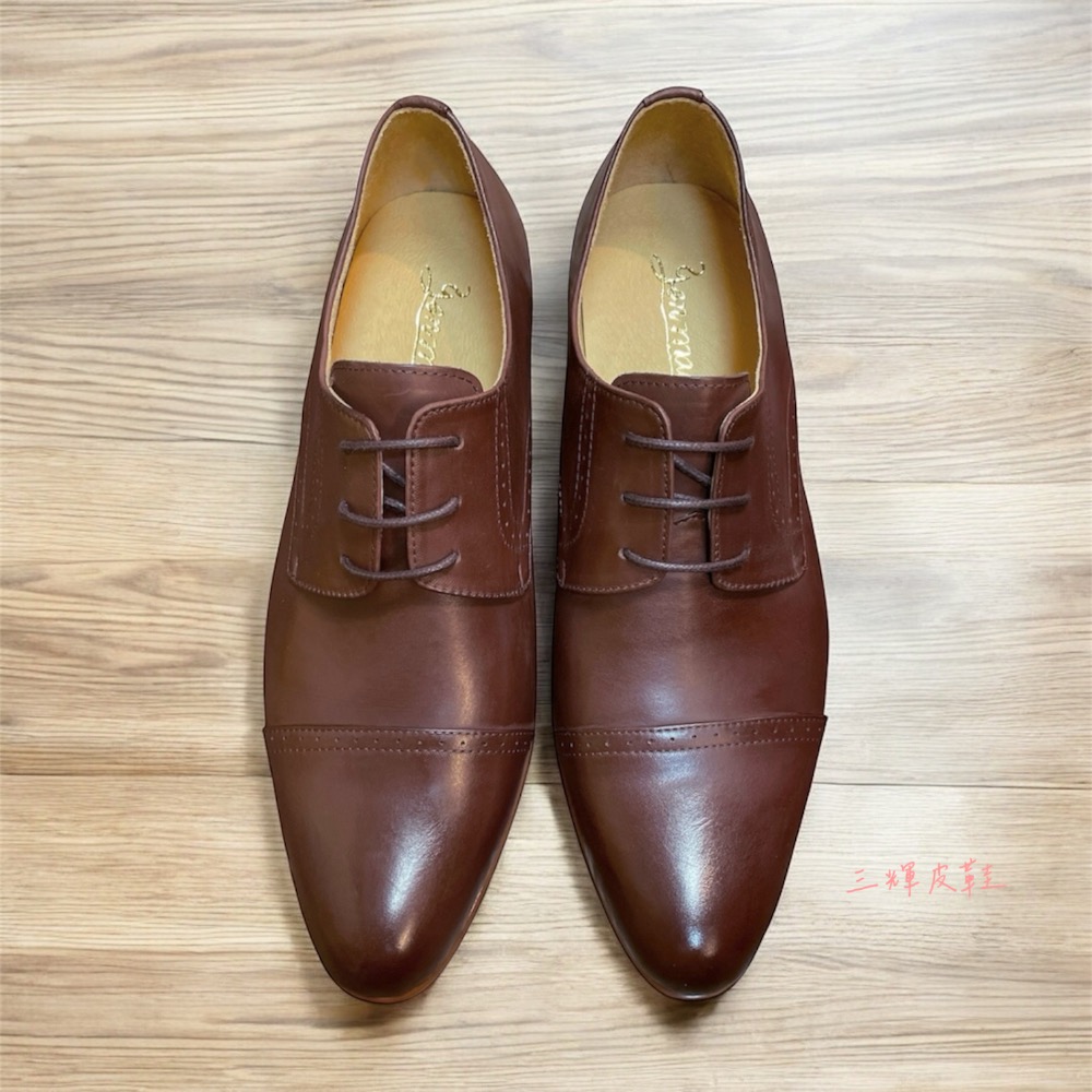 三輝皮鞋台灣製 真皮德比鞋 真皮牛津鞋 牛皮英倫一字橫紋素面尖頭布洛克雕花三接頭綁帶男皮鞋 MIT手工鞋紳士商務上班婚鞋-細節圖6