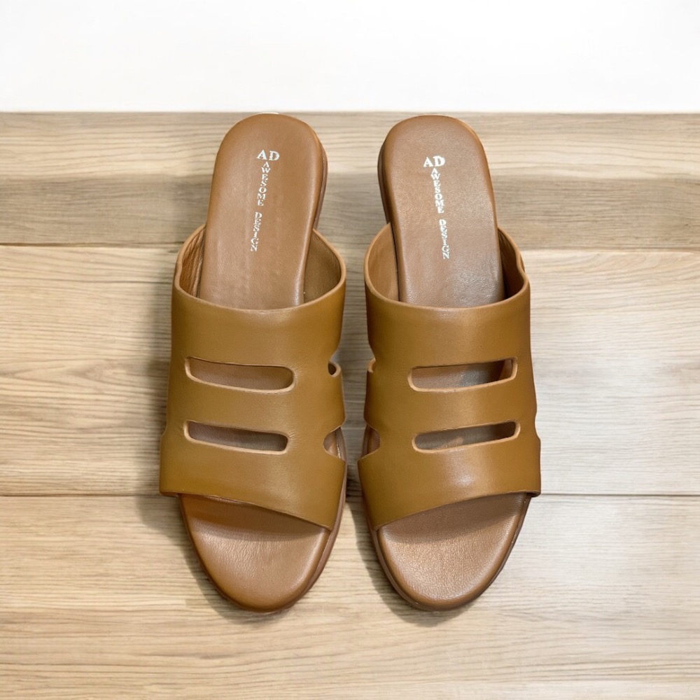 三輝皮鞋台灣製全真皮 不氧化底台 柔軟羊皮尖頭鏤空粗跟中跟鞋 圓頭簍空高跟拖鞋 牛皮女涼拖鞋 零碼特價現貨MIT-細節圖6