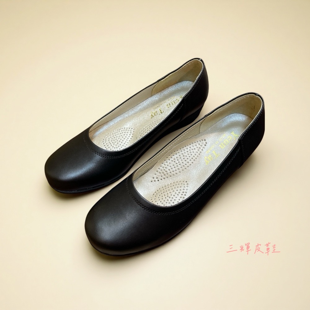 三輝皮鞋台灣製全真皮 牛皮圓頭素面足弓支撐楔型鞋平底鞋 MIT手工鞋坡跟鞋低跟鞋女上班鞋空姐鞋包鞋厚底鞋大尺碼小尺碼女鞋-細節圖3