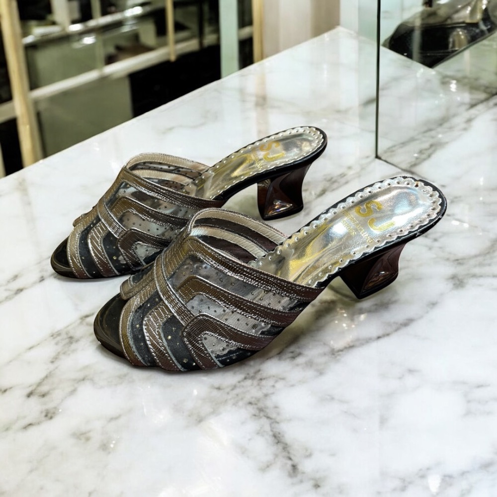 三輝皮鞋台灣製全真皮 羊皮香檳銀網紗透膚尖頭粗跟高跟拖鞋 MIT金屬亮面鏤空圓頭方跟簍空穆勒水晶鑽雕塑跟中跟露趾高跟涼鞋-細節圖2