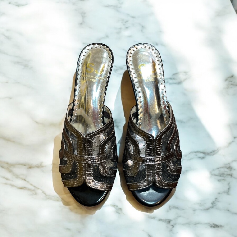 三輝皮鞋台灣製全真皮 羊皮香檳銀網紗透膚尖頭粗跟高跟拖鞋 MIT金屬亮面鏤空圓頭方跟簍空穆勒水晶鑽雕塑跟中跟露趾高跟涼鞋-細節圖3