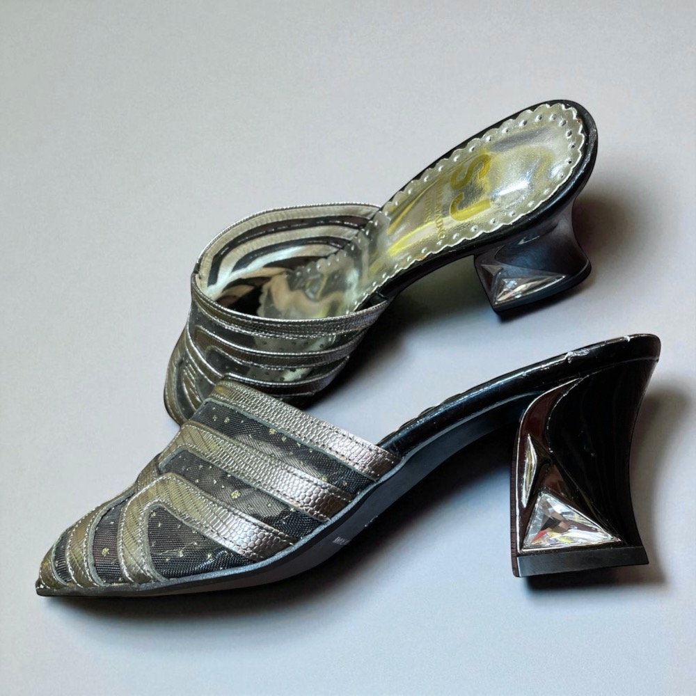 三輝皮鞋台灣製全真皮 羊皮香檳銀網紗透膚尖頭粗跟高跟拖鞋 MIT金屬亮面鏤空圓頭方跟簍空穆勒水晶鑽雕塑跟中跟露趾高跟涼鞋-細節圖5