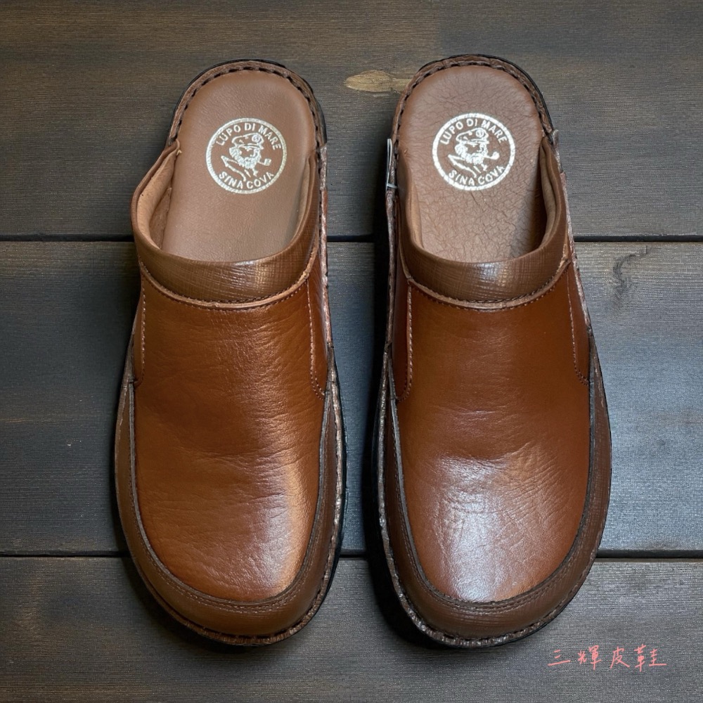 三輝皮鞋老船長台灣製全真皮 MIT 牛皮寬楦氣墊男包頭拖鞋 無後跟護趾前包後空穆勒鞋戶外耐磨防滑止滑拖鞋 老師傅手工鞋-細節圖3
