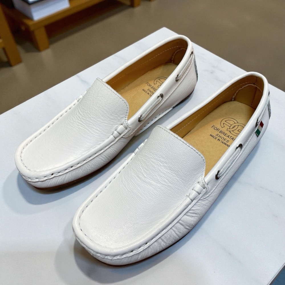 三輝皮鞋台灣製全真皮 MIT手工鞋 牛皮免綁帶鞋底縫製小方頭素面款女豆豆休閒帆船鞋 莫卡辛 歐洲風格樂福平底懶人開車鞋-細節圖3