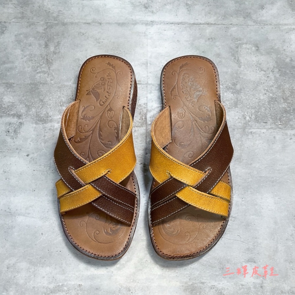 三輝皮鞋台灣製全真皮 MIT老師傅手工鞋 牛皮交叉編織撞色方頭寬楦文創女平底涼拖鞋生膠鞋底 拼色雙色拖鞋平底拖鞋-細節圖3