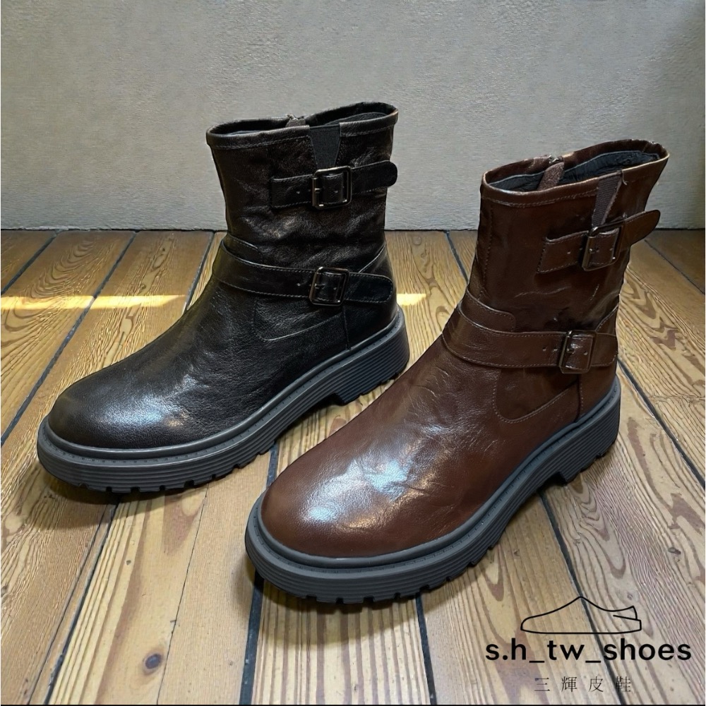 三輝皮鞋fnace抓皺羊皮短靴 真皮女靴 騎士靴 機車靴 中筒靴 短靴 馬丁靴 英倫風圓頭低跟復古皮帶釦雙扣帥氣顯瘦女靴-細節圖2