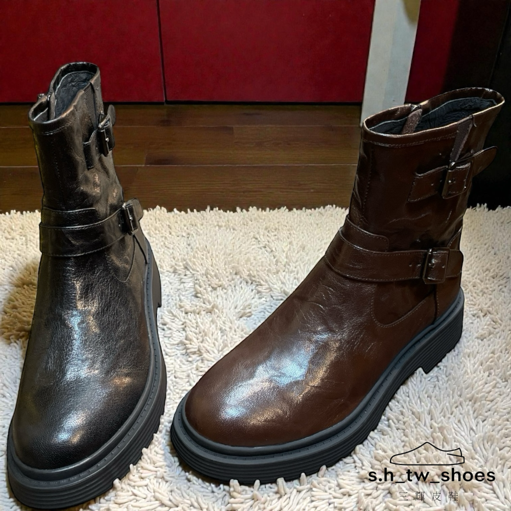 三輝皮鞋fnace抓皺羊皮短靴 真皮女靴 騎士靴 機車靴 中筒靴 短靴 馬丁靴 英倫風圓頭低跟復古皮帶釦雙扣帥氣顯瘦女靴-細節圖3