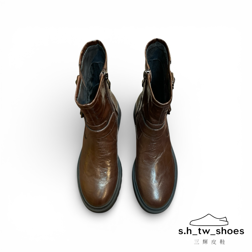 三輝皮鞋fnace抓皺羊皮短靴 真皮女靴 騎士靴 機車靴 中筒靴 短靴 馬丁靴 英倫風圓頭低跟復古皮帶釦雙扣帥氣顯瘦女靴-細節圖6