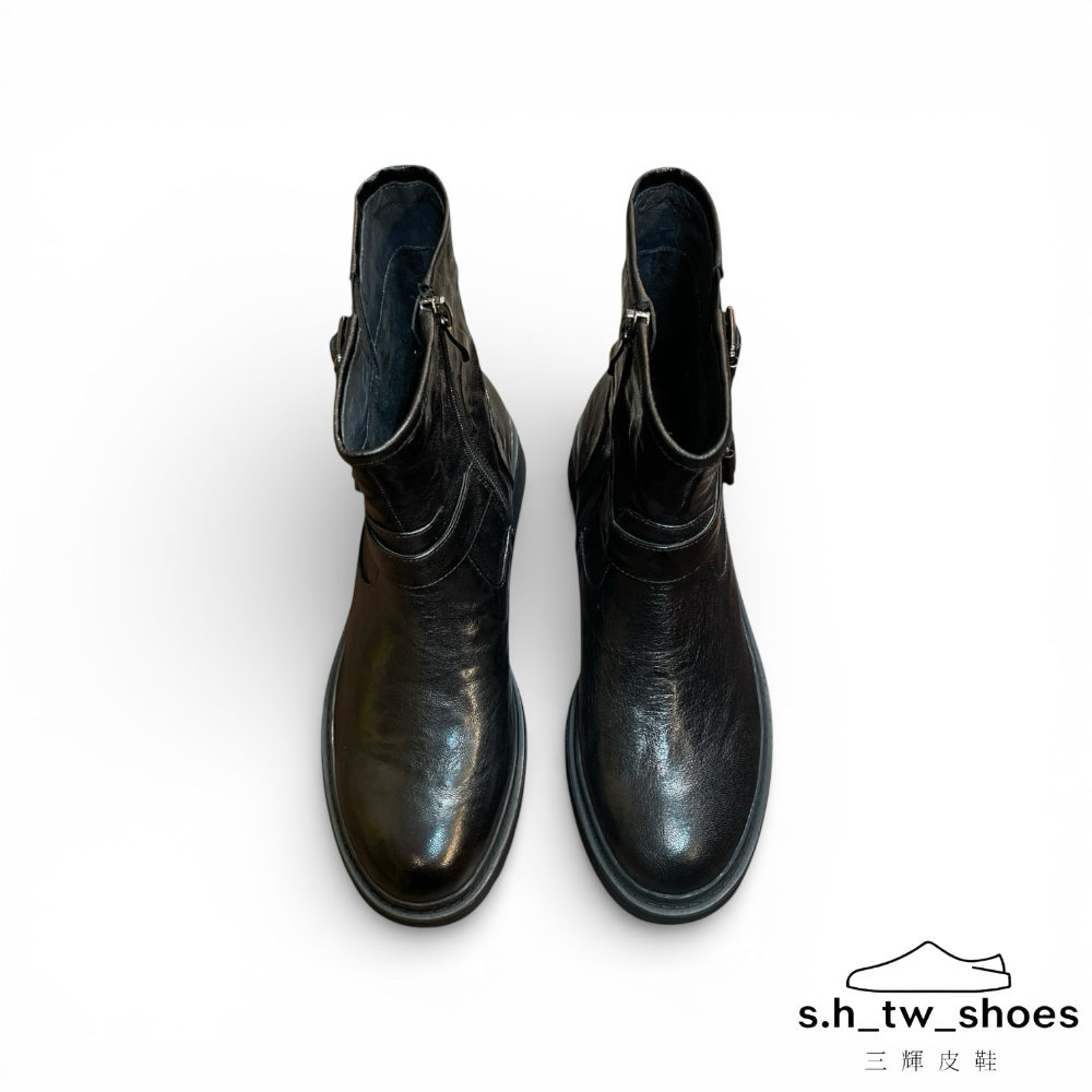 三輝皮鞋fnace抓皺羊皮短靴 真皮女靴 騎士靴 機車靴 中筒靴 短靴 馬丁靴 英倫風圓頭低跟復古皮帶釦雙扣帥氣顯瘦女靴-細節圖7