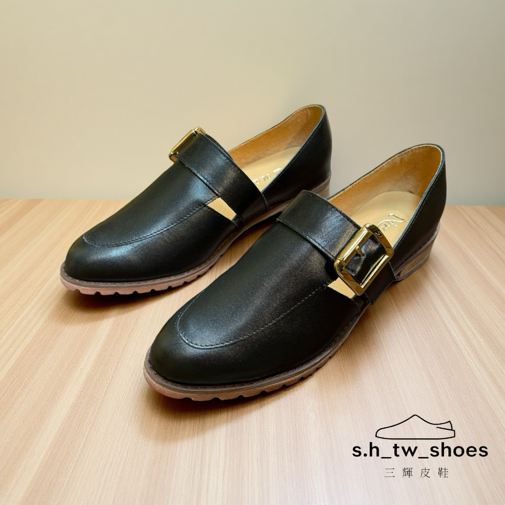 三輝皮鞋台灣製真皮樂福鞋 真皮跟鞋 孟克鞋 低跟鞋 尖頭樂福鞋 皮鞋女 MIT 手工鞋 尖頭寬楦皮帶扣木頭跟大尺碼女鞋-細節圖2