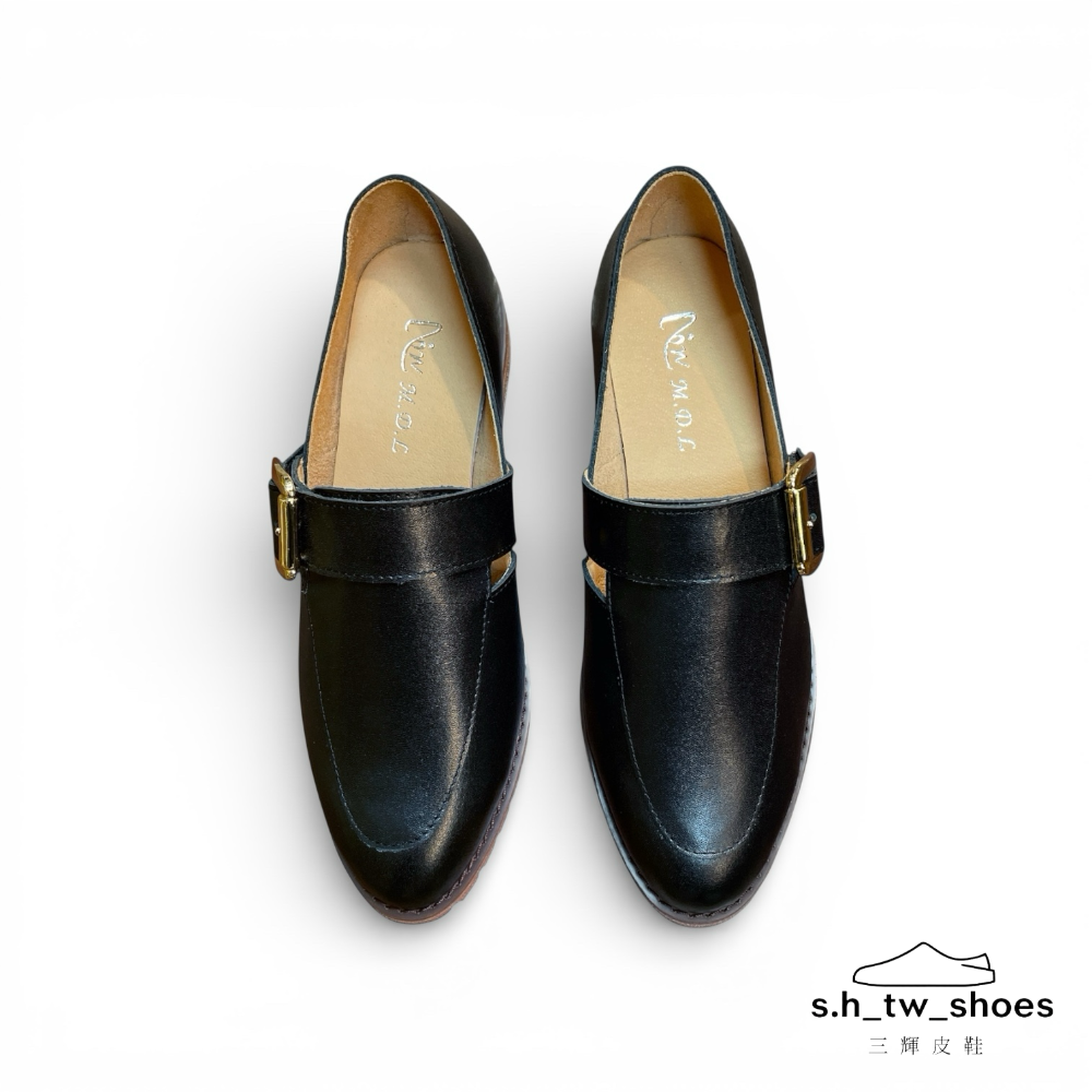 三輝皮鞋台灣製真皮樂福鞋 真皮跟鞋 孟克鞋 低跟鞋 尖頭樂福鞋 皮鞋女 MIT 手工鞋 尖頭寬楦皮帶扣木頭跟大尺碼女鞋-細節圖3