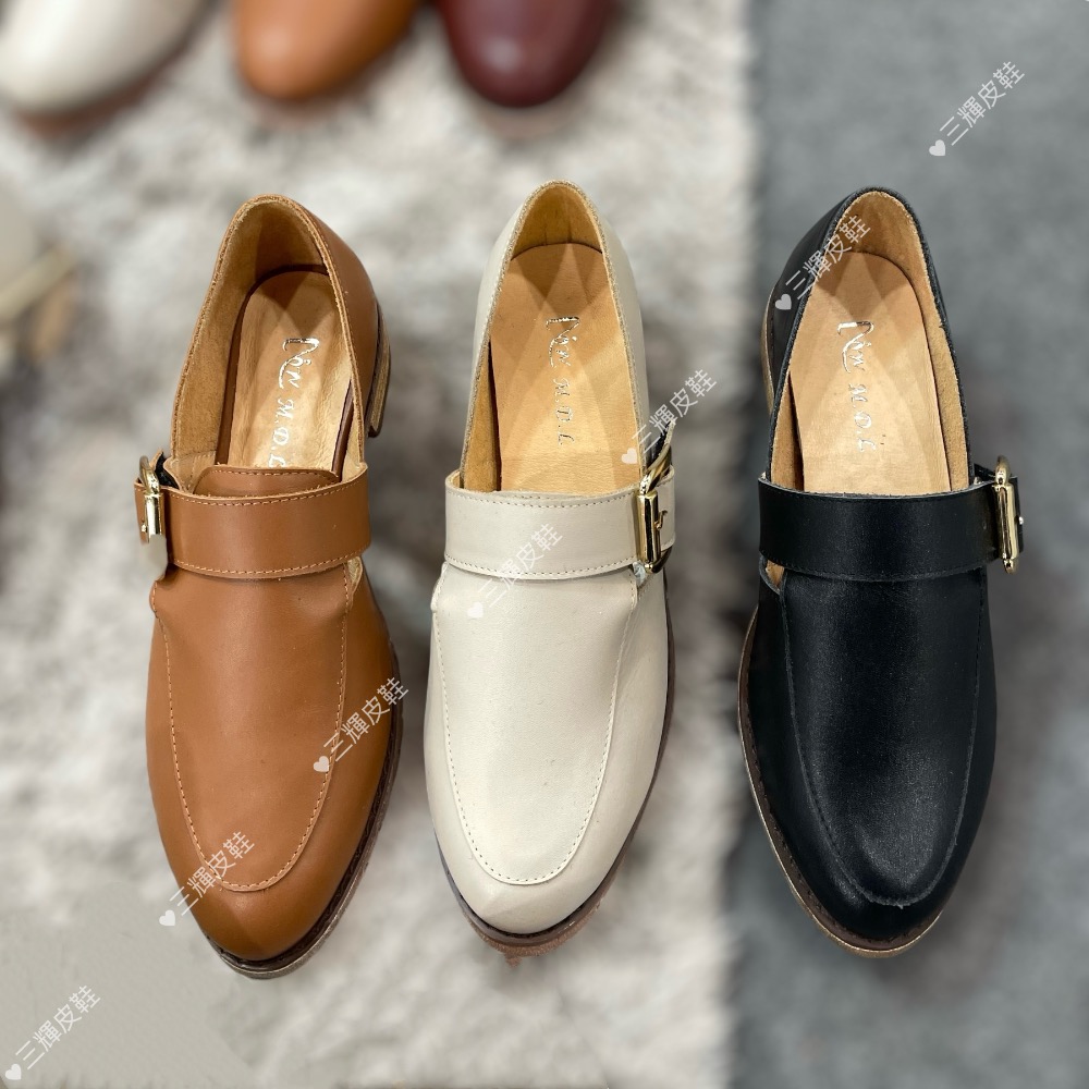 三輝皮鞋台灣製真皮樂福鞋 真皮跟鞋 孟克鞋 低跟鞋 尖頭樂福鞋 皮鞋女 MIT 手工鞋 尖頭寬楦皮帶扣木頭跟大尺碼女鞋-細節圖8