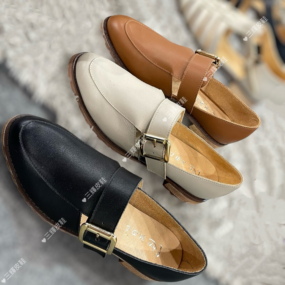 三輝皮鞋台灣製真皮樂福鞋 真皮跟鞋 孟克鞋 低跟鞋 尖頭樂福鞋 皮鞋女 MIT 手工鞋 尖頭寬楦皮帶扣木頭跟大尺碼女鞋-細節圖9