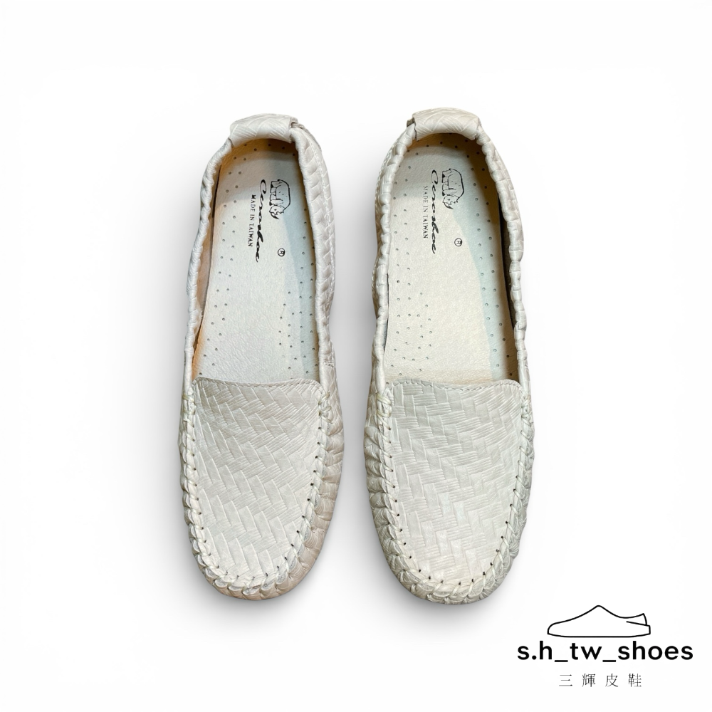 三輝皮鞋台灣製真皮豆豆鞋 莫卡辛 平底鞋 樂福鞋女 帆船鞋 休閒鞋女 女包鞋 MIT牛皮鞋底縫製編織荔枝紋軟底通勤淑女鞋-細節圖2