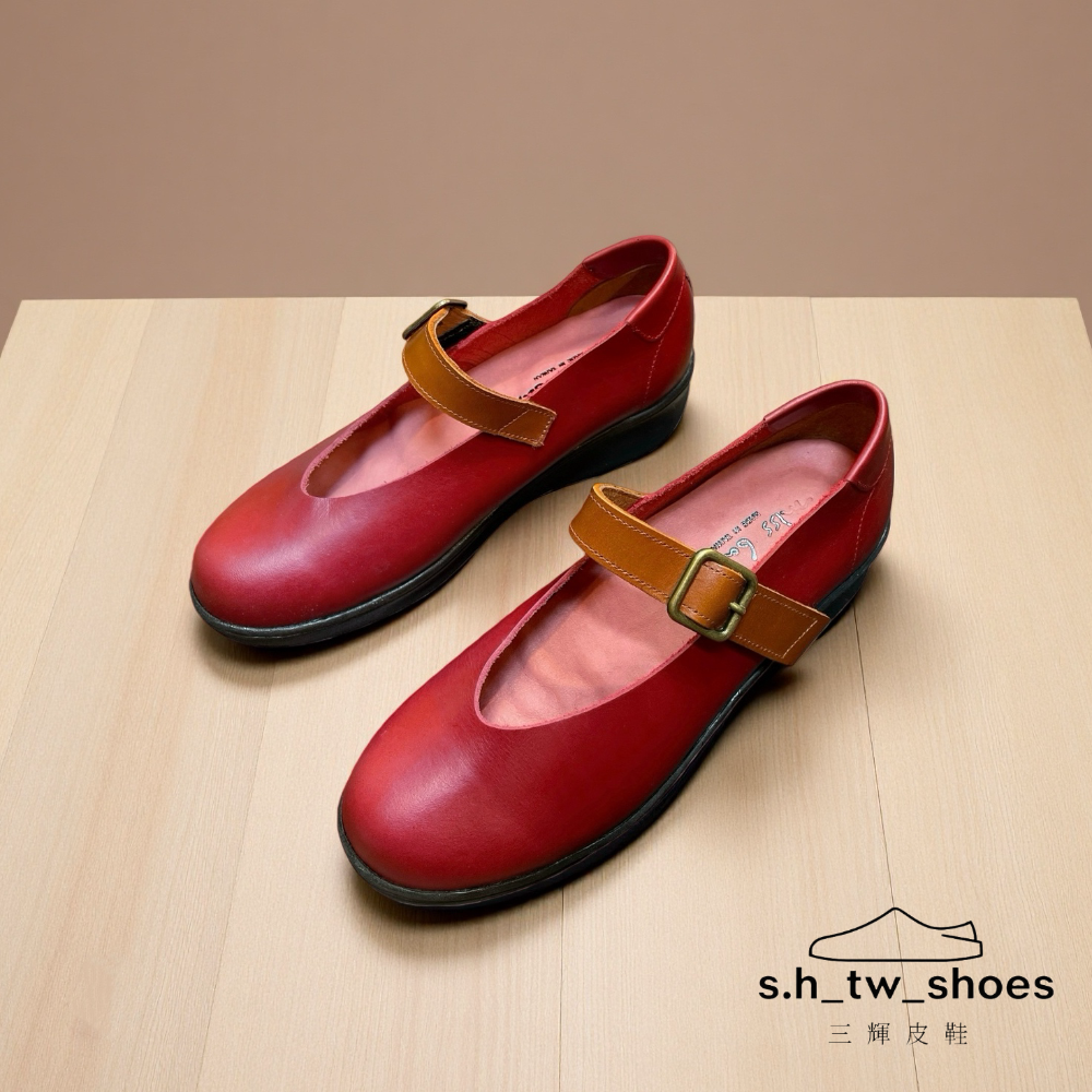 三輝皮鞋台灣製 真皮瑪莉珍鞋 娃娃鞋 平底鞋 厚底鞋 MIT 手工鞋 babala牛皮日系圓頭V口魔鬼粘增高鞋小尺碼女鞋-細節圖2