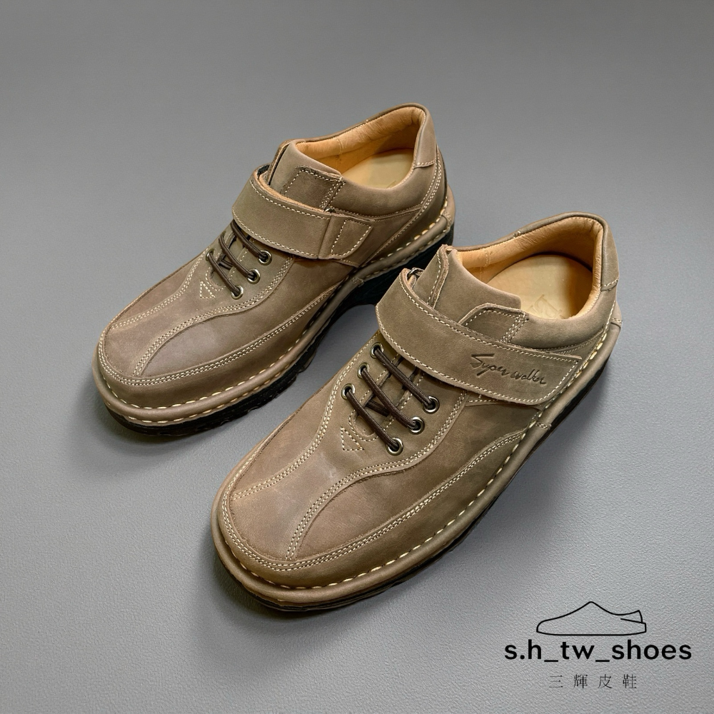 三輝皮鞋台灣製固特異 真皮休閒鞋 氣墊休閒鞋 牛皮休閒鞋 MIT 瘋馬皮輕量老師傅手工鞋底縫製雙氣墊皮鞋免綁帶旅遊工作鞋-細節圖2