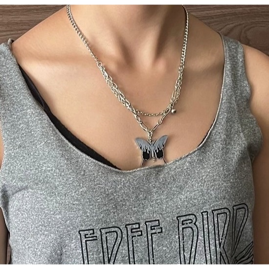 [[台灣現貨]]歐美街頭 蝴蝶 嘻哈風 復古風 鑲鑽項鍊 搖滾項鍊 龐克風項鍊 鈦鋼項鍊-細節圖2