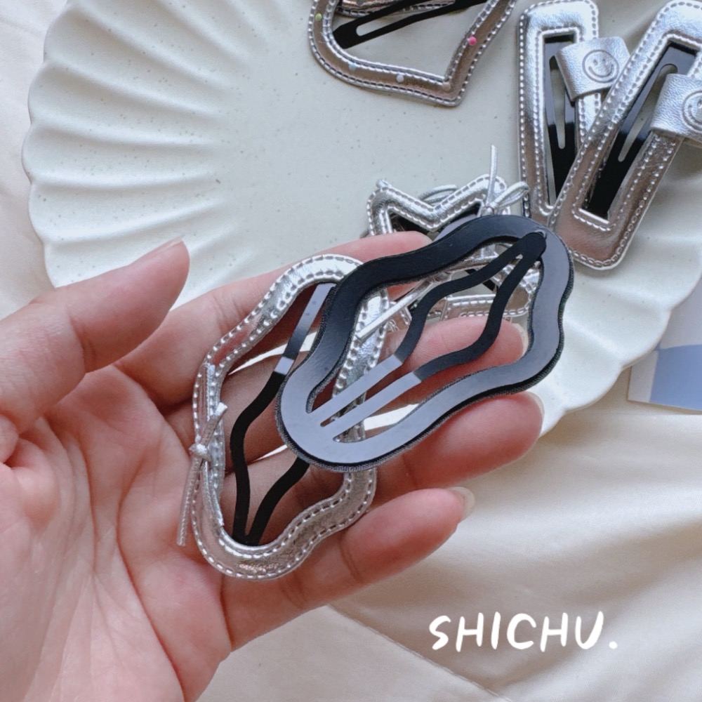 新款銀色PU皮質瀏海側邊夾BB夾髮夾-細節圖2