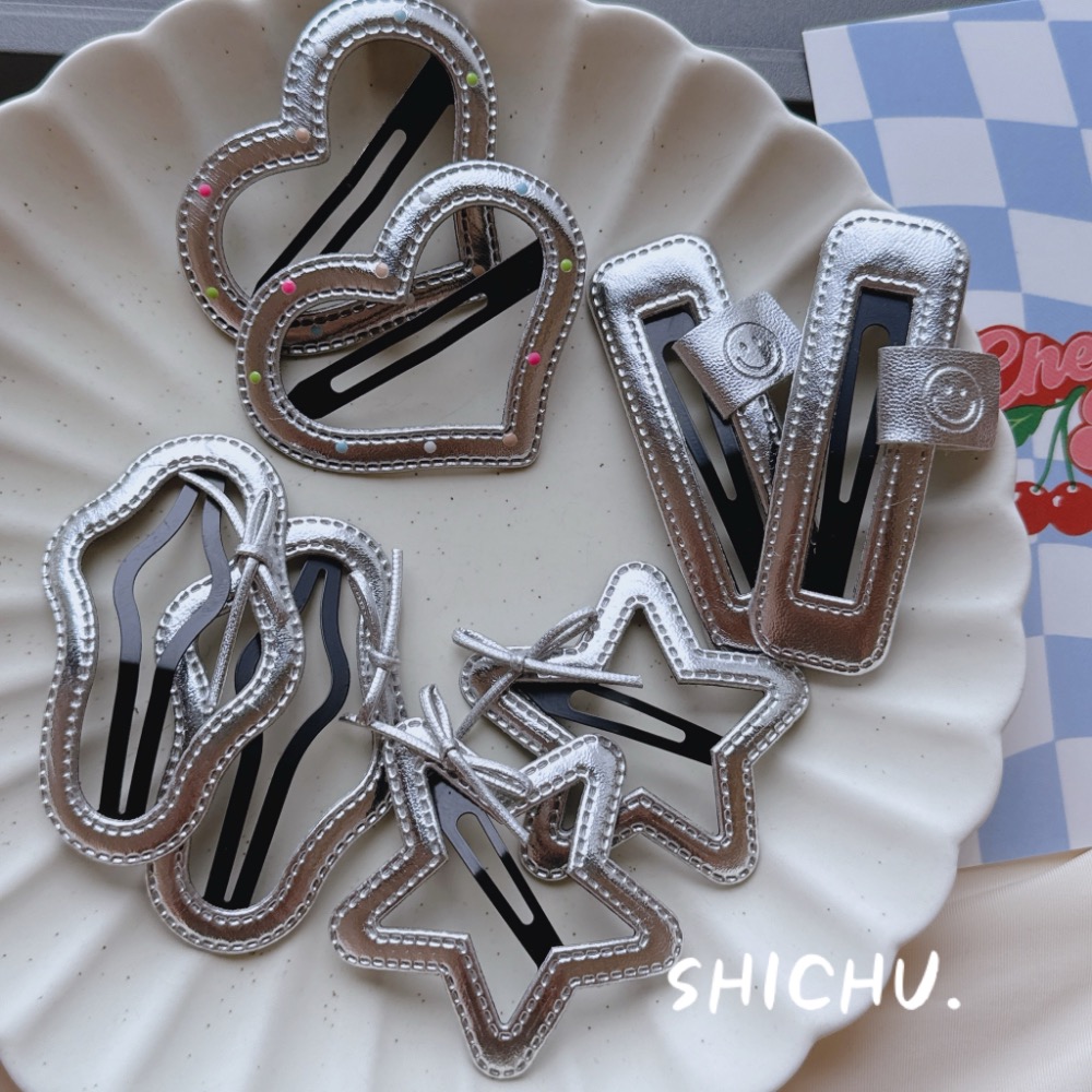 新款銀色PU皮質瀏海側邊夾BB夾髮夾-細節圖3