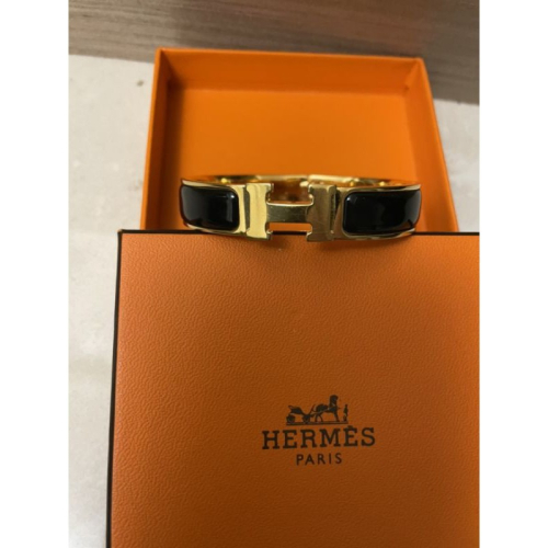 (正品)HERMES 經典CLIC H LOGO琺瑯扣手環 (窄版) 黑/金