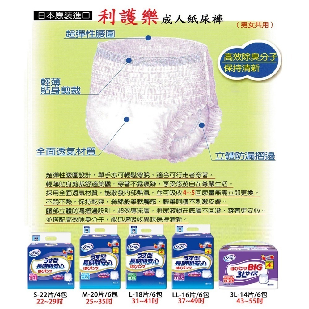 Livedo 【利護樂】日本原裝進口 成人褲型紙尿褲 4次尿量 M20片*2包/L18片*2包/ LL16片*2包-細節圖3