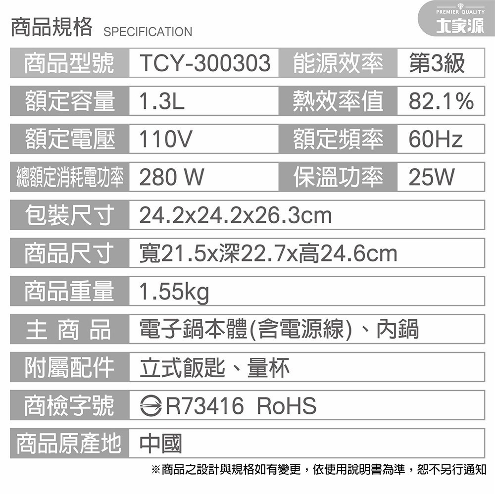 ✨美形 大家源 1.6公升 美型三人份電子鍋 TCY-300303-細節圖11