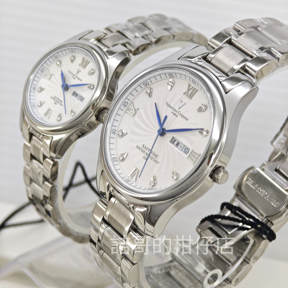 [詰哥] 范倫鐵諾 古柏 情侶對錶 日本機芯(日星期顯示) 水晶玻璃鏡面 全不銹鋼材質 防水錶 61607SA-細節圖2