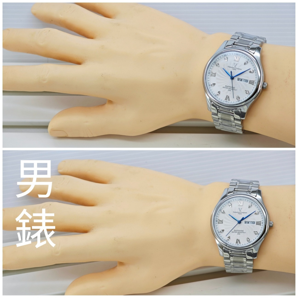 [詰哥] 范倫鐵諾 古柏 情侶對錶 日本機芯(日星期顯示) 水晶玻璃鏡面 全不銹鋼材質 防水錶 61607SA-細節圖8