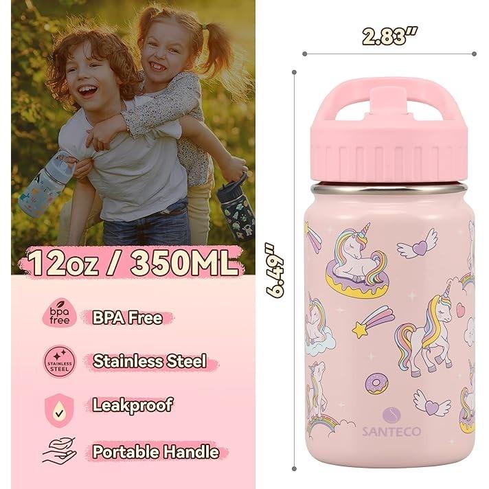 SANTECO 兒童水瓶 附吸管蓋 (約 350.2 毫升)不鏽鋼保溫水瓶 兒童防漏 可愛動物幼兒吸管杯-細節圖2