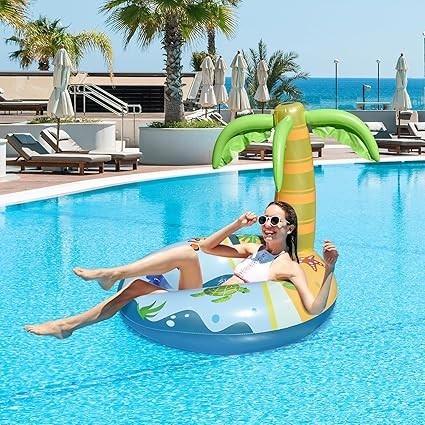 充氣棕櫚樹泳池浮球 附彩色燈 太陽能泳池浮球 約 43 公分游泳管環 沙灘泳池管 夏季泳池筏躺椅-細節圖3