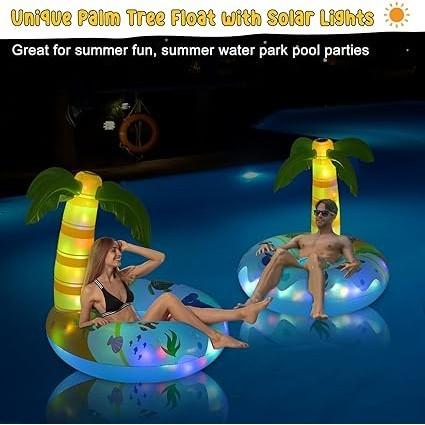 充氣棕櫚樹泳池浮球 附彩色燈 太陽能泳池浮球 約 43 公分游泳管環 沙灘泳池管 夏季泳池筏躺椅-細節圖4