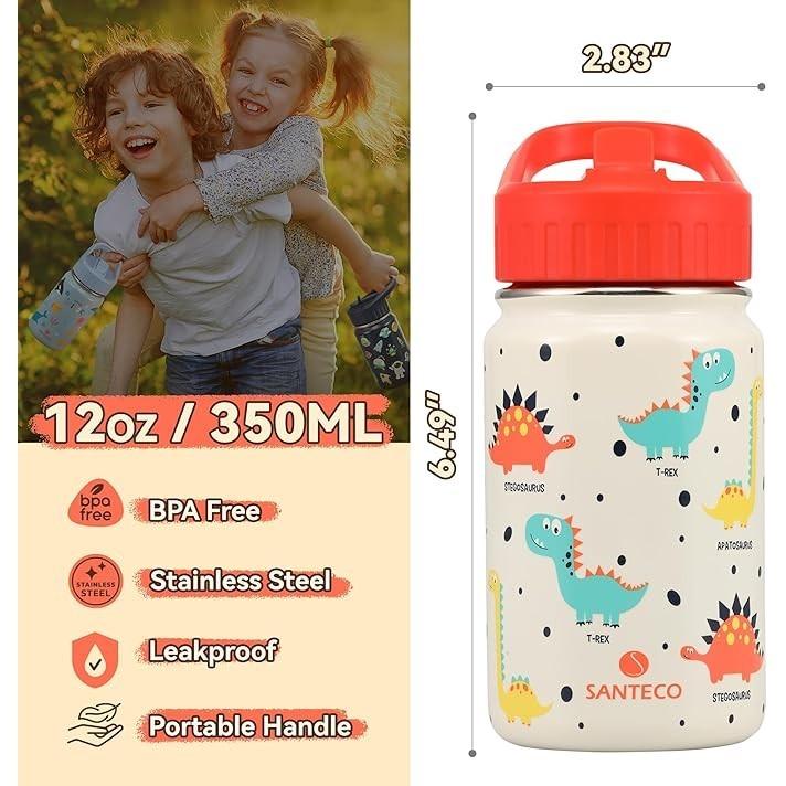 美國🇺🇸SANTECO 兒童水瓶 附吸管蓋 (約 350.2 毫升)不鏽鋼保溫水瓶 兒童防漏 可愛動物幼兒吸管杯-細節圖2