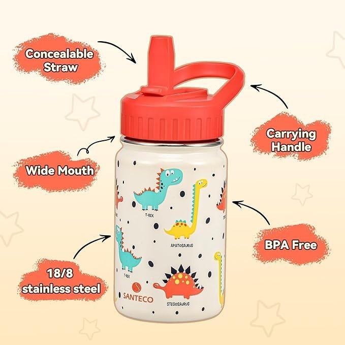 美國🇺🇸SANTECO 兒童水瓶 附吸管蓋 (約 350.2 毫升)不鏽鋼保溫水瓶 兒童防漏 可愛動物幼兒吸管杯-細節圖4