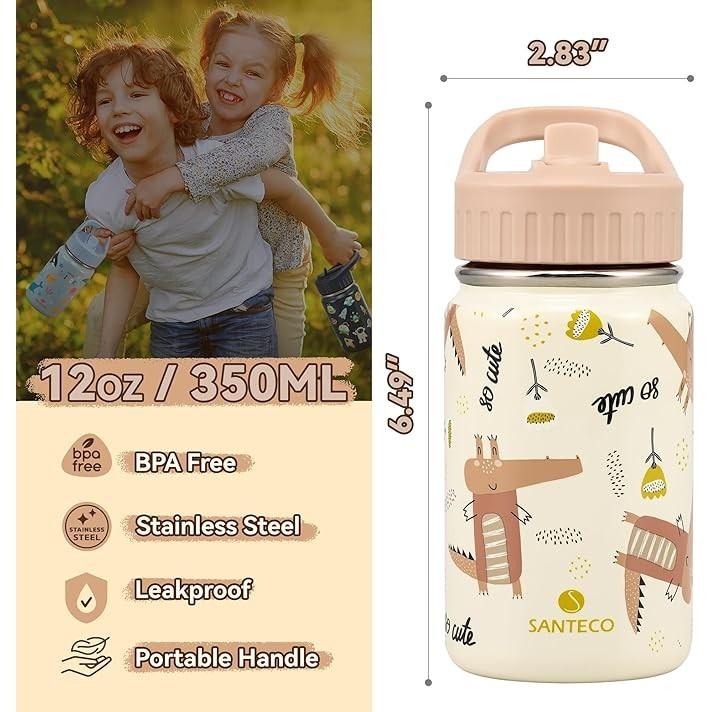 SANTECO 兒童水瓶 附吸管蓋 (約 350.2 毫升)不鏽鋼保溫水瓶 兒童防漏 可愛動物幼兒吸管杯-細節圖2