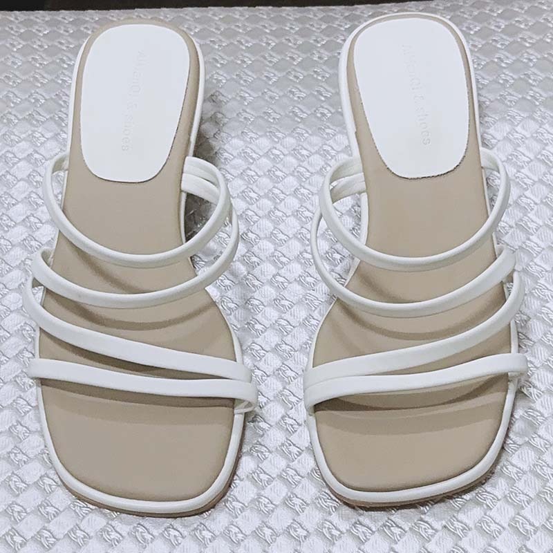 時尚簡約方頭低粗跟涼拖鞋-米色-細節圖2