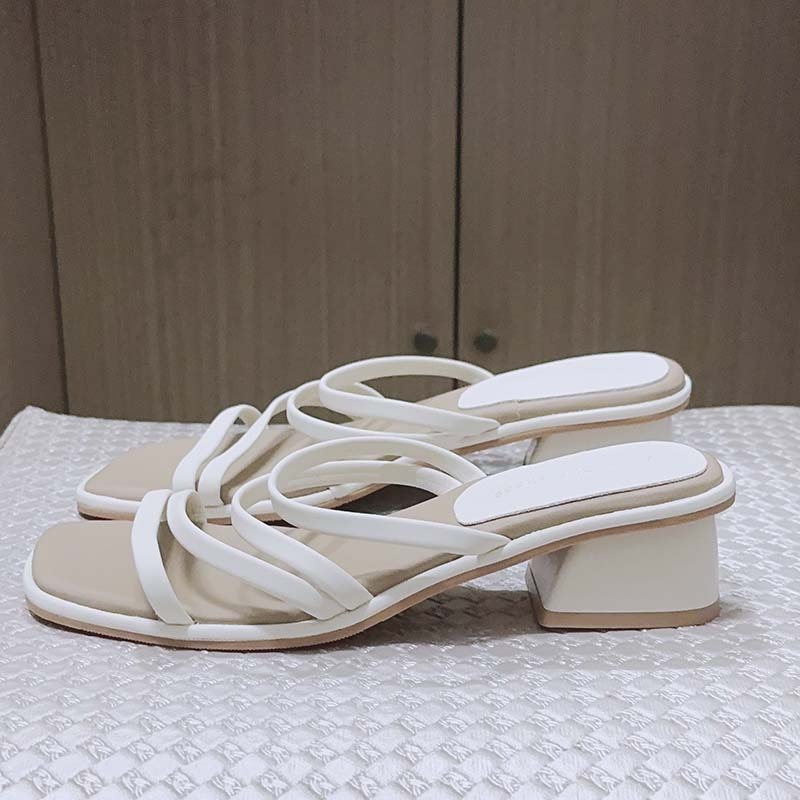 時尚簡約方頭低粗跟涼拖鞋-米色-細節圖4