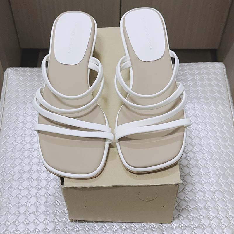 時尚簡約方頭低粗跟涼拖鞋-米色-細節圖7