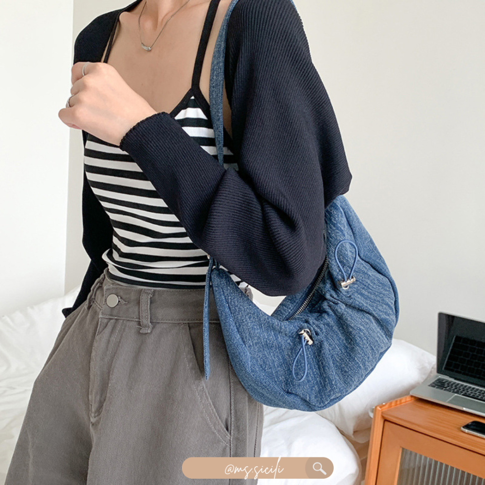 丹寧牛仔/金屬感PU單肩抽繩褶皺單肩包｜Ms.Sicili-細節圖2