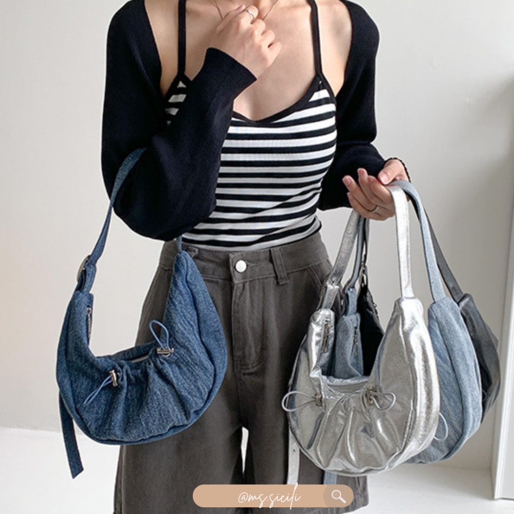 丹寧牛仔/金屬感PU單肩抽繩褶皺單肩包｜Ms.Sicili-細節圖4